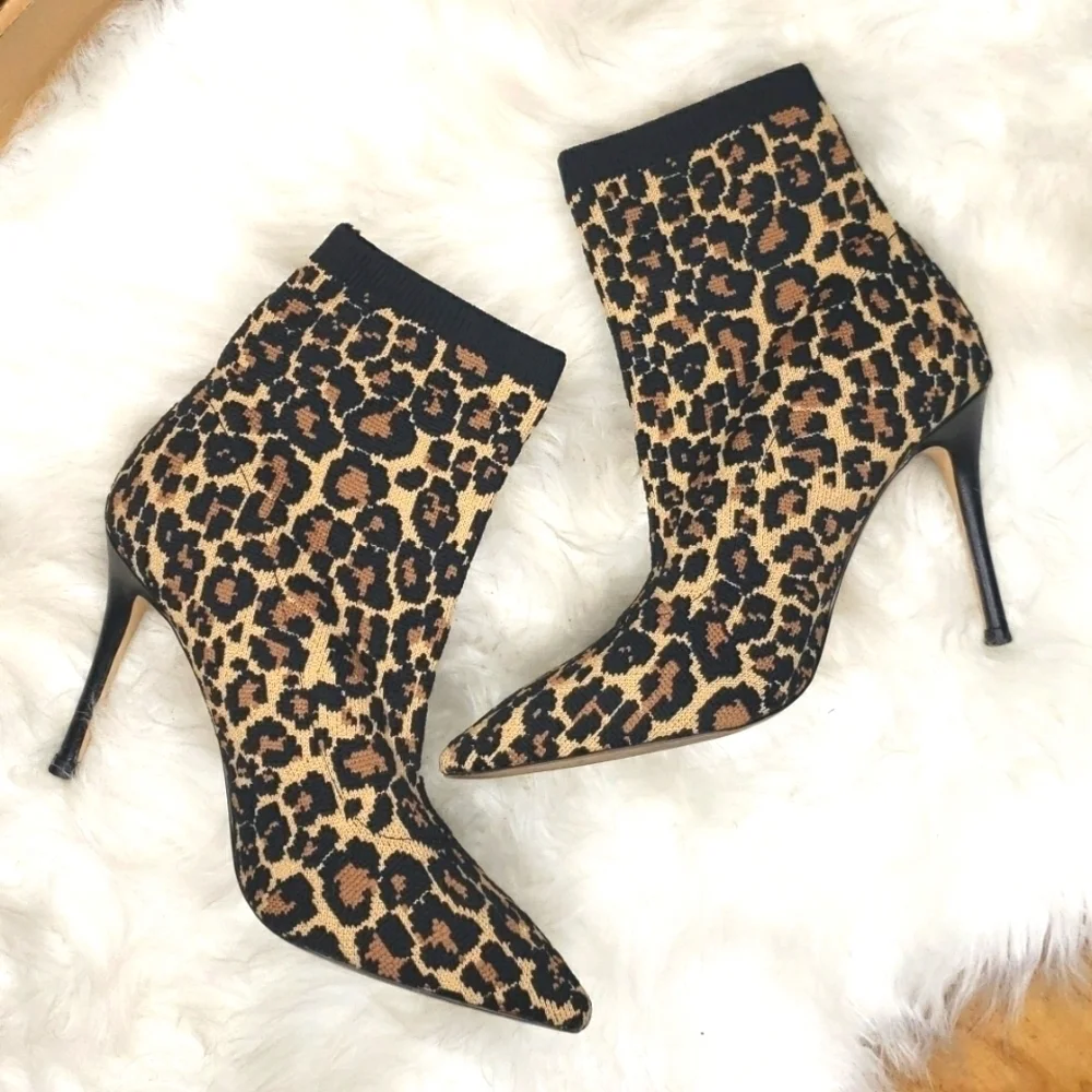 Something Navy Leopard Print Knit Heels Sock Boots 5